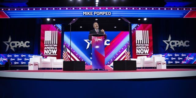 Mike Pompeo speaks during the Conservative Political Action Conference in National Harbor, Md., Friday, March 3, 2023. 