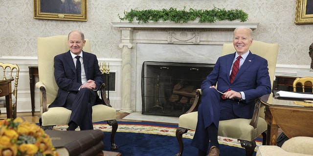 US President Joe Biden meets Olaf Scholz, Germany's chancellor, left, in the Oval Office of the White House in Washington, DC, US, on Friday, March 3, 2023. 