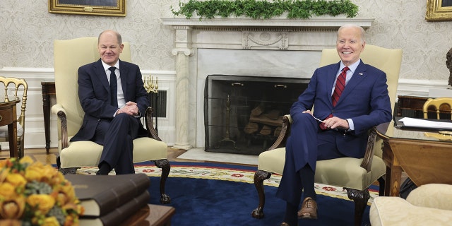 US President Joe Biden meets Olaf Scholz, Germany's chancellor, left, in the Oval Office of the White House in Washington, DC, US, on Friday, March 3, 2023. 