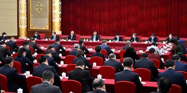 Chinese President Xi Jinping, also general secretary of the Communist Party of China CPC Central Committee and chairman of the Central Military Commission, visits national political advisors from the China National Democratic Construction Association and the All-China Federation of Industry and Commerce, who are attending the first session of the 14th National Committee of the Chinese People's Political Consultative Conference CPPCC, in Beijing March 6, 2023.