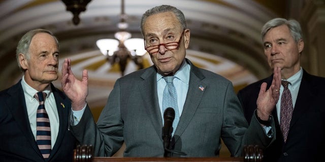 Senate Majority Leader Chuck Schumer, D-N.Y., (center) said he will vote ‘yes’ on a resolution to block a recent District of Columbia crime bill. (Photo by Drew Angerer/Getty Images)