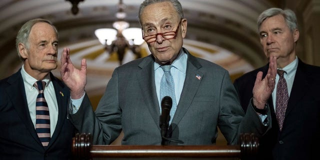 Senate Majority Leader Chuck Schumer, D-N.Y., (center) said he will vote ‘yes’ on a resolution to block a recent District of Columbia crime bill. (Photo by Drew Angerer/Getty Images)