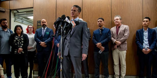 Deputy District Attorney Jonathan Hatami speaks with the media following the conviction of Heather Baron and Karim Leyva in the murder of 10-year-old Anthony Avalos at the Criminal Justice Center on March 7, 2023, in Los Angeles, California.  Hatami announced Wednesday that he will run for Los Angeles County District Attorney. 