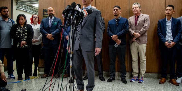 Prosecutor Deputy District Attorney Jonathan Hatami speaks with the media after Heather Barron and Kareem Leiva were convicted of murdering 10-year-old Anthony Avalos at the Criminal Justice Center on March 7, 2023, in Los Angeles, California. On Wednesday, Hatami announced that he will run for district attorney in Los Angeles County. 