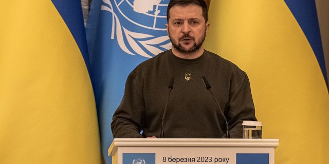 Ukrainian President Volodymyr Zelensky delivers a speech during the joint press conference with Secretary-General of the United Nations Antonio Guterres following their meeting on March 8, 2023 in Kyiv, Ukraine.