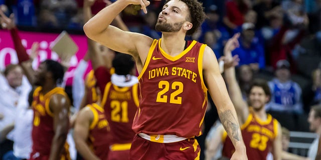 Iowa State guard Gabe Kalscheur (22) gestures after making a three-point shot during the Big12 Tournament game between the Baylor Bears and the Iowa State Cyclones on Thursday, March 9, 2023 at T- Mobile Center in Kansas City, MO.