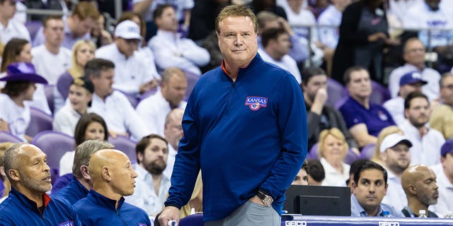 Kansas Jayhawks head coach Bill Self looks on from the sideline during the college basketball game between the TCU Horned Frogs and Kansas Jayhawks on February 20, 2023, at Ed &amp;  Rae Schollmaier Arena in Fort Worth, Texas.  
