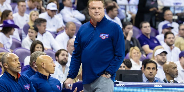 Kansas Jayhawks head coach Bill Self watches from the sidelines during the college basketball game between the TCU Horned Frogs and the Kansas Jayhawks on February 20, 2023, at Ed &  Rae Schollmaier Arena in Fort Worth, Texas.  