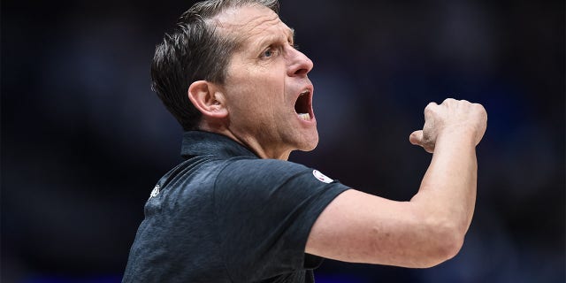 Arkansas Razorbacks head coach Eric Musselman coaches during an SEC Men's Basketball Tournament game between the Texas A&M Aggies and the Arkansas Razorbacks on March 10, 2023, at Bridgestone Arena in Nashville, TN.