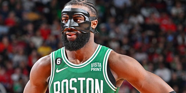 Jaylen Brown #7 of the Boston Celtics looks on during the game against the Houston Rockets on March 13, 2023 at the Toyota Center in Houston, Texas. 