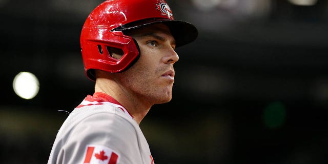 Freddie Freeman #5 of Team Canada looks on prior to Game 6 of Pool C between Team Canada and Team USA at Chase Field on Monday, March 13, 2023 in Phoenix, Arizona.