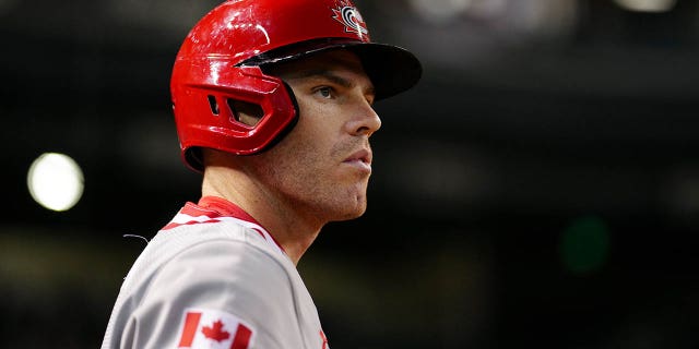 Freddie Freeman #5 of Team Canada looks on before Game 6 of Pool C between Team Canada and Team USA at Chase Field on Monday, March 13, 2023 in Phoenix, Arizona. 