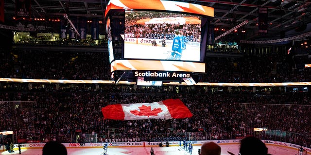 A general view during the national anthems prior to a game between the Maple Leafs and the Buffalo Sabres at the Scotiabank Arena on March 13, 2023, in Toronto, Canada.