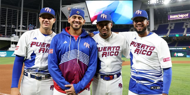 The Team Puerto Rico pitchers who combined for eight hitless innings in Miami on March 13, 2023, are, from left, Yacksel Ríos, José De León, Edwin Díaz and Duane Underwood Jr.