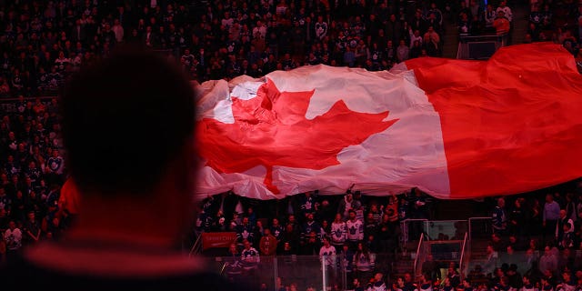 The Canadian national anthem is played before the Edmonton Oilers take on the Maple Leafs on March 11, 2023 at Scotiabank Arena in Toronto.