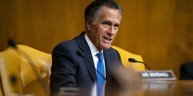 Utah Republican Sen. Mitt Romney speaks during a Senate Budget Committee hearing in Washington, D.C., Wednesday, March 15, 2023. The White House last week released a $6.9 trillion fiscal 2024 budget proposal, teeing up a high-stakes battle with congressional Republicans over government funding.