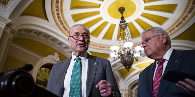 Senate Majority Leader Chuck Schumer, a Democrat from New York, speaks at the US Capitol in Washington, DC, US, on Wednesday, March 15, 2023. 