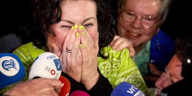 BBB leader Caroline van der Plas speaks while following results during an election evening event after voting in the Netherlands' Provincial Council elections in Bathmen on March 15, 2023.