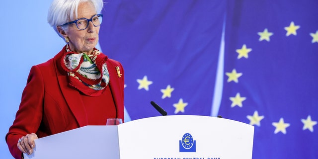 Christine Lagarde, the president of the European Central Bank (ECB), speaks to reporters in Frankfurt, Germany, on Thursday. The ECB assured consumers earlier that the "euro area banking sector is resilient, with strong capital and liquidity positions."