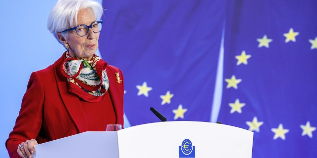 Christine Lagarde, the president of the European Central Bank (ECB), speaks to reporters in Frankfurt, Germany, on Thursday. The ECB assured consumers earlier that the "euro area banking sector is resilient, with strong capital and liquidity positions."