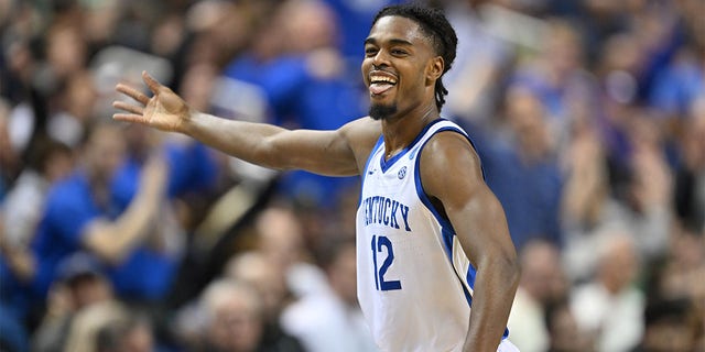 Antonio Reeves of the Kentucky Wildcats reacts against the Providence Friars during the first round of the 2023 NCAA Tournament at Greensboro Coliseum on March 17, 2023 in Greensboro, NC 