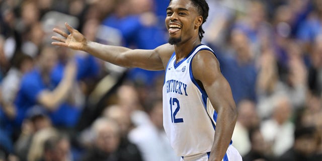 Antonio Reeves of the Kentucky Wildcats reacts against the Providence Friars during the first round of the 2023 NCAA Tournament at Greensboro Coliseum on March 17, 2023 in Greensboro, NC 