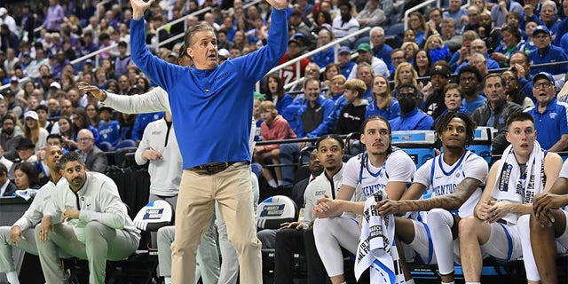 Head coach John Calipari of the Kentucky Wildcats reacts to an on-court action against the Providence Friars during the first round of the 2023 NCAA Men's Basketball Tournament held at Greensboro Coliseum on March 17, 2023 in Greensboro, North Carolina. 