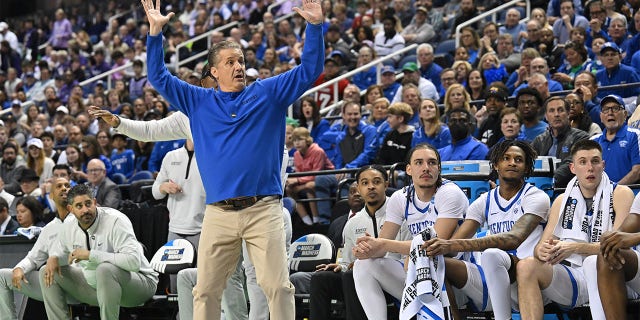 Head coach John Calipari of the Kentucky Wildcats reacts to on-court action against the Providence Friars during the first round of the 2023 NCAA Men's Basketball Tournament held at Greensboro Coliseum on March 17, 2023 in Greensboro, SC North. 