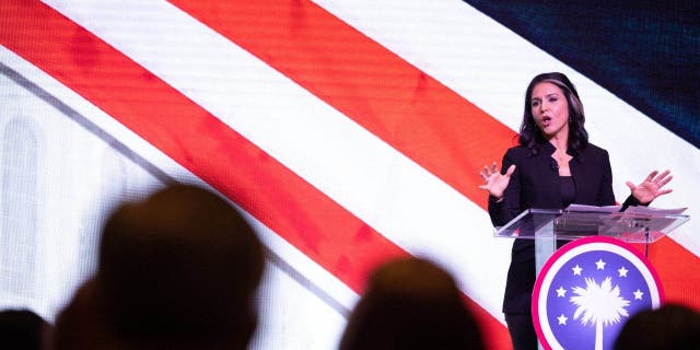 Former US representative Tulsi Gabbard speaks during the Vision 2024 National Conservative Forum at the Charleston Area Convention Center in Charleston, South Carolina, on March 18, 2023.