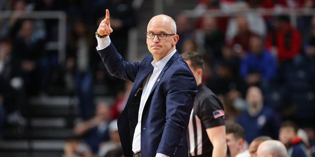 Connecticut Huskies head coach Dan Hurley gestures during halftime against the St. Mary's Gaels during Round 2 of the 2023 Men's Basketball Tournament held at MVP Arena on March 19, 2023 in Albany, New York.