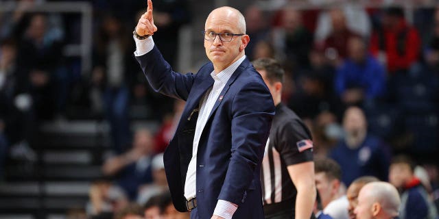 Connecticut Huskies head coach Dan Hurley gestures during the second half against the St. Mary's Gaels during the second round of the 2023 NCAA Men's Basketball Tournament held at MVP Arena on March 19, 2023 in Albany, New York.