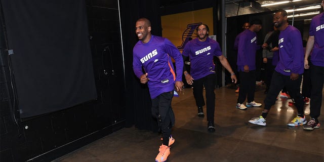 Chris Paul of the Phoenix Suns smiles before the game against the Lakers on March 22, 2023, at Crypto.Com Arena in Los Angeles.