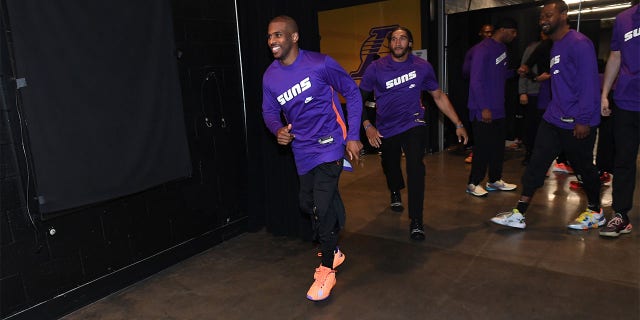 Chris Paul of the Phoenix Suns smiles before the game against the Lakers on March 22, 2023, at Crypto.Com Arena in Los Angeles.