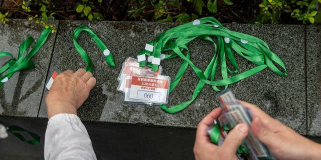 Protesters at the Hong Kong event were required to wear numbered badges around their necks.