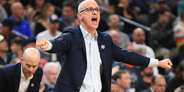 UConn Huskies head coach Dan Hurley reacts to a call during the NCAA Division I Men's Championship Elite Eight round basketball game between the Gonzaga Bulldogs and the UConn Huskies on March 25, 2023 at T-Mobile Arena in Las Vegas.