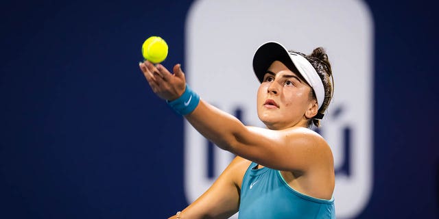 Bianca Andreescu in her match against Ekaterina Alexandrova at the Miami Open at Hard Rock Court on March 27, 2023.
