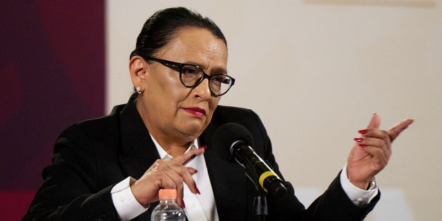 Secretary of Security and Citizen Protection Rosa Icela Rodriguez spoke of the deaths of 39 migrants in a fire during a press conference at the National Palace in Mexico City on March 29, 2023.