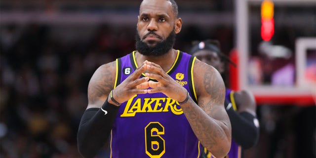 Los Angeles Lakers forward LeBron James (6) reacts during an NBA game between the Los Angeles Lakers and the Chicago Bulls on March 29, 2023, at the United Center in Chicago, IL.