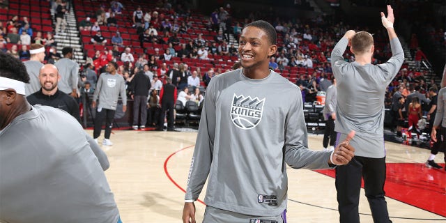 De'Aaron Fox of the Sacramento Kings before the game on March 29, 2023, at the Moda Center Arena in Portland, Oregon.