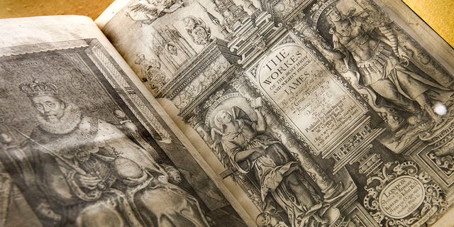 A 1616 printed King James Bible translated by James I on display at the Folger Shakespeare Library in Washington, D.C., on Sept. 27, 2011. The Folger exhibition, "Manifold Greatness: The Creation and Afterlife of the King James Bible," marked the 400th anniversary of the 1611 publication of the English-language Biblical translation. 