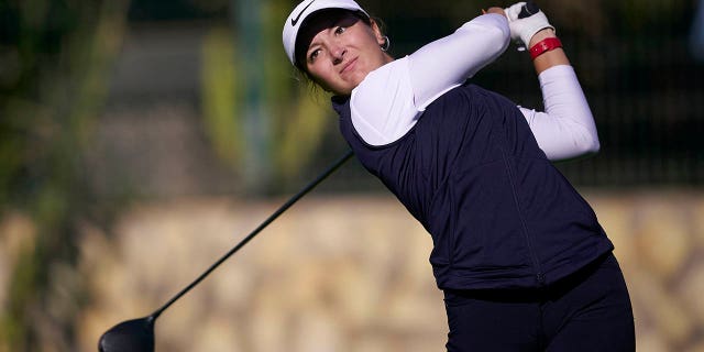 Carla Tejedo tees off during the Spanish Professional Women's Golf Championship on Dec. 3, 2020, in Oliva, Spain.
