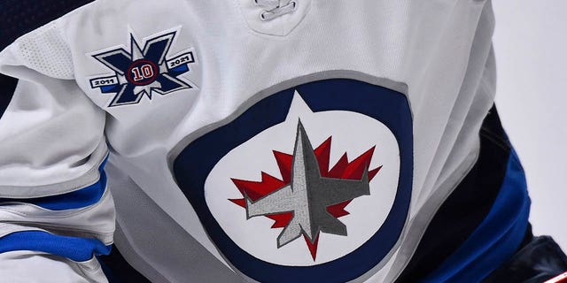 A close-up detail of the Winnipeg Jets logo seen during the second period at the Bell Centre on March 4, 2021 in Montreal, Canada.  The Winnipeg Jets defeated the Montreal Canadiens 4-3 in overtime.  