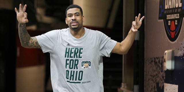 Rifen Miguel, #23 of the Ohio Bobcats, enters for the game against the Virginia Cavaliers in the first round of the 2021 NCAA Men's Basketball Tournament at Assembly Hall on March 20, 2021 in Bloomington, Indiana. 