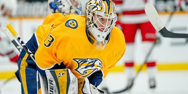 Kasimir Kaskisuo #73 of the Nashville Predators warms up before a game against the Carolina Hurricanes at Bridgestone Arena on May 10, 2021 in Nashville, Tennessee.