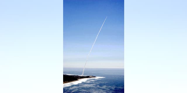 An Aries ballistic missile target is seen seconds after lift-off from the Pacific Missile Range Facility, Barking Sands, Kauai, Hawaii.