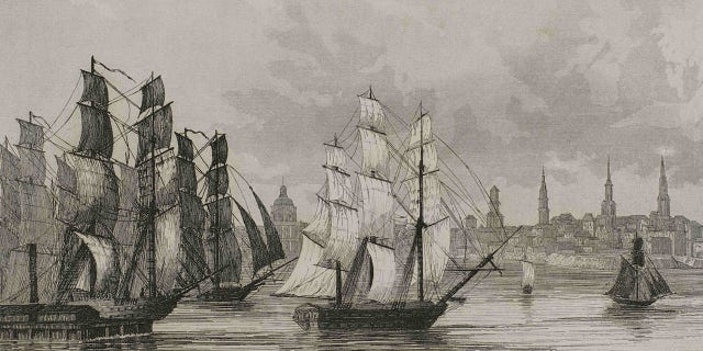 American Revolutionary War. Siege of Boston (April 19, 1775-March 17, 1776). Departure of the British fleet. On March 17, 1776, British forces were forced to evacuate the city of Boston following Gen. George Washington's successful placement of fortifications and artillery on Dorchester Heights, which overlooks Boston from the south. Engraving by Petit. Panorama Universal. History of the United States of America, from 1st edition of Jean B.G. Roux de Rochelle's Etats-Unis d'Amerique in 1837. Spanish edition, printed in Barcelona, 1850.