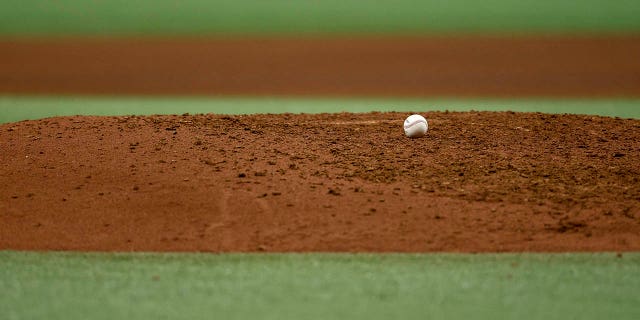 General view of a MLB Baseball on the pitchers mound during the seventh inning of the game between the Tampa Bay Rays and the Minnesota Twins at Tropicana Field on Sept. 3, 2021 in St Petersburg, Florida.