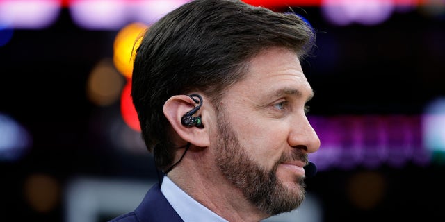 ESPN's Mike Greenberg looks on during a game between the Philadelphia 76ers and the Golden State Warriors at the Wells Fargo Center on December 11, 2021 in Philadelphia, Pennsylvania.