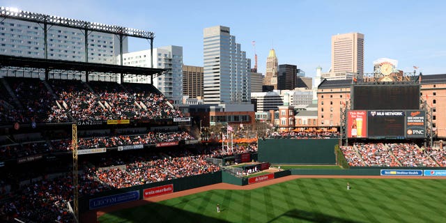 A general view of left field during Opening Day between the Baltimore Orioles and the Milwaukee Brewers on Opening Day at Camden Yards in April 2022 in Baltimore.