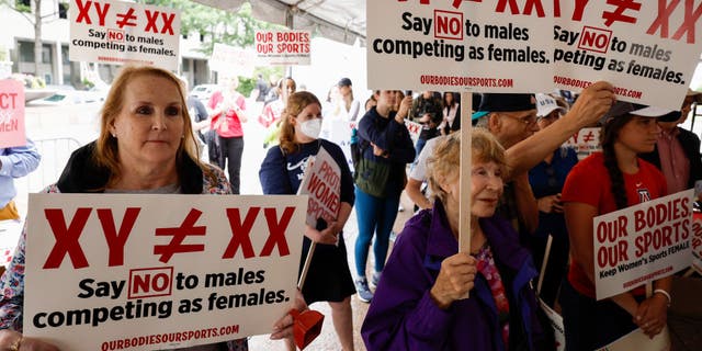 Demonstrators listen to the speaking program during an "Our Bodies, Our Sports" rally for the 50th anniversary of Title IX at Freedom Plaza on June 23, 2022, in Washington, D.C.